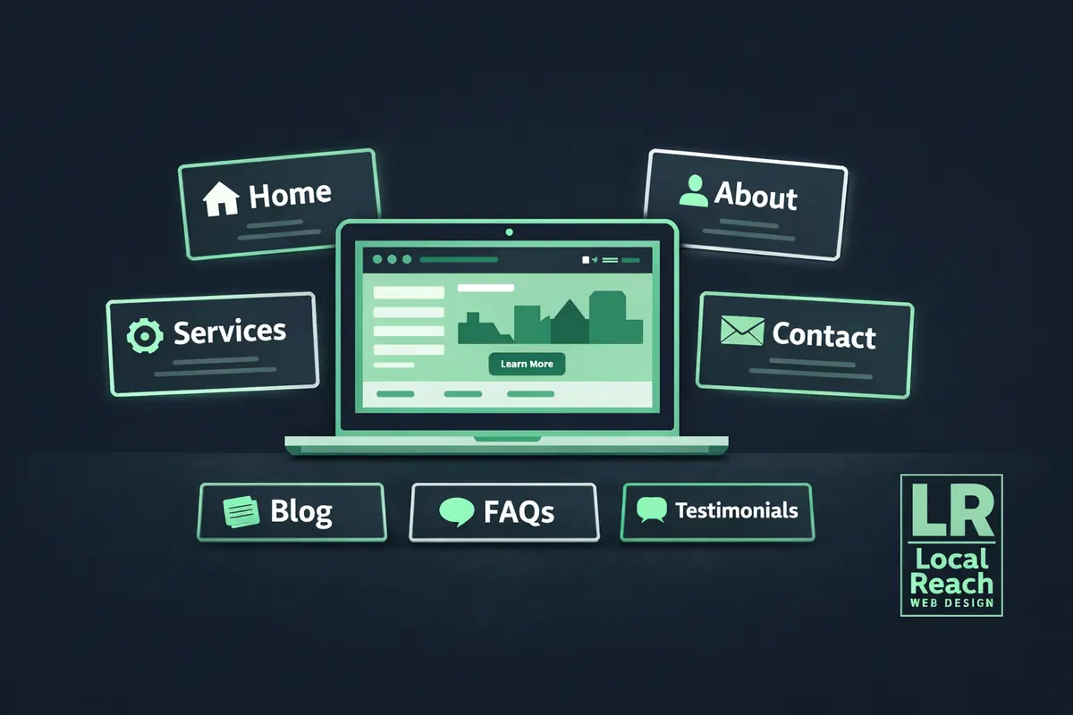 Illustration of the pages every small business website needs, with website cards for Home, About, Services, Contact, Blog, FAQs, and Testimonials around a laptop.