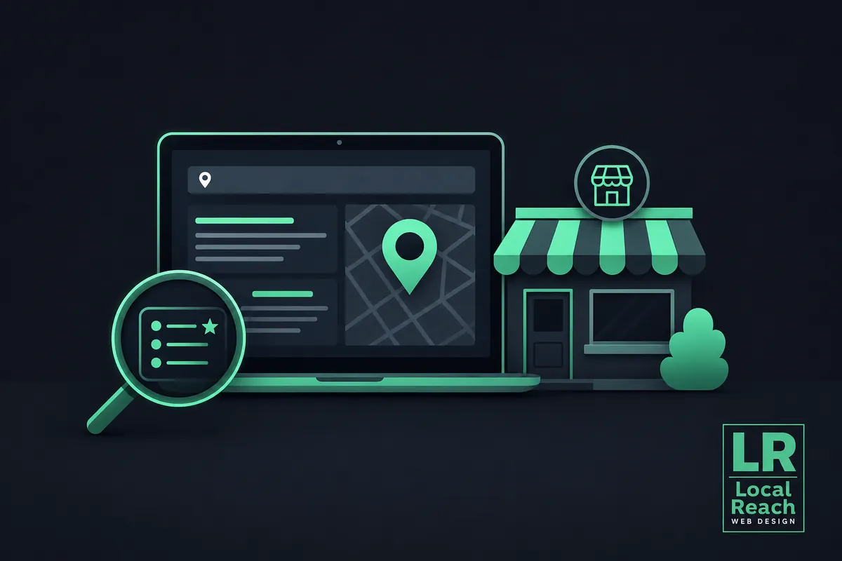 Local SEO for small businesses shown with a laptop map search, location pin, magnifying glass, storefront, and Local Reach Web Design logo