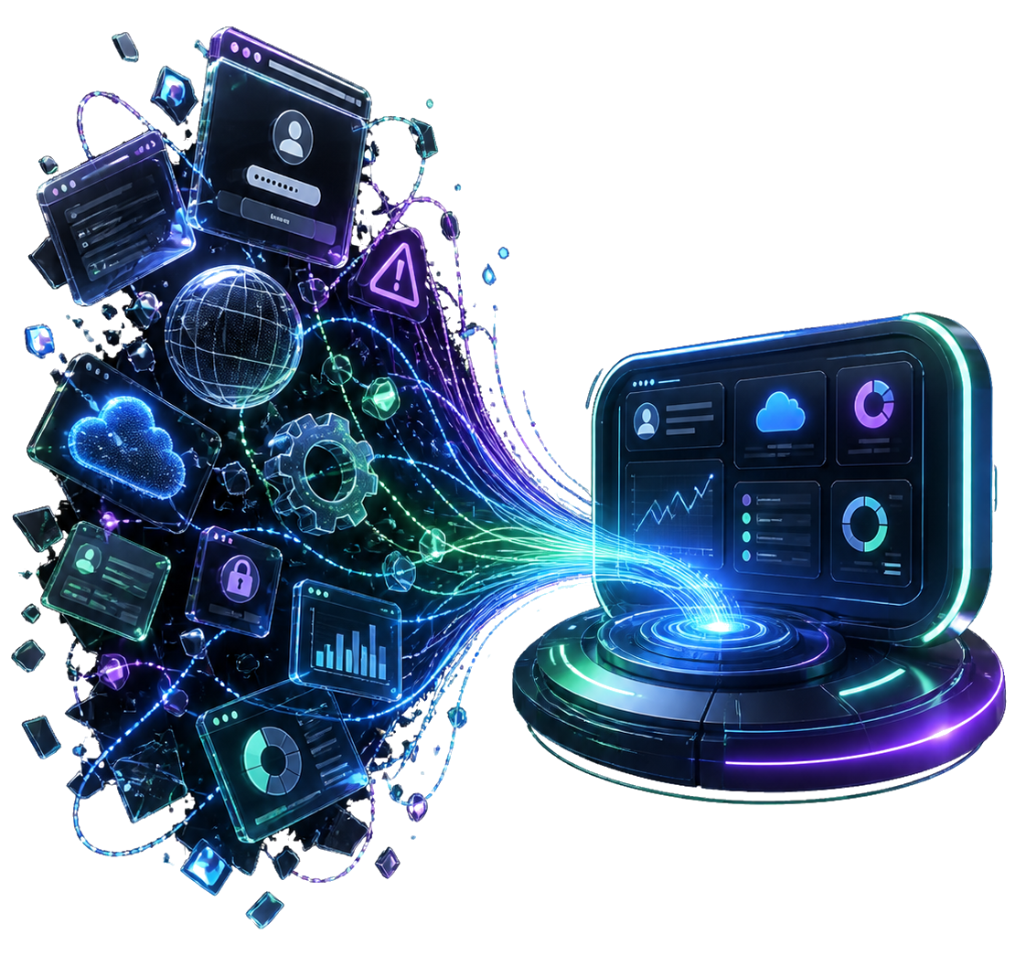 Website assets, hosting, security, and analytics flowing into one organized dashboard