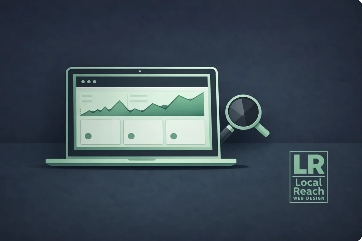 Website analytics for small businesses illustration with laptop dashboard and chart icon