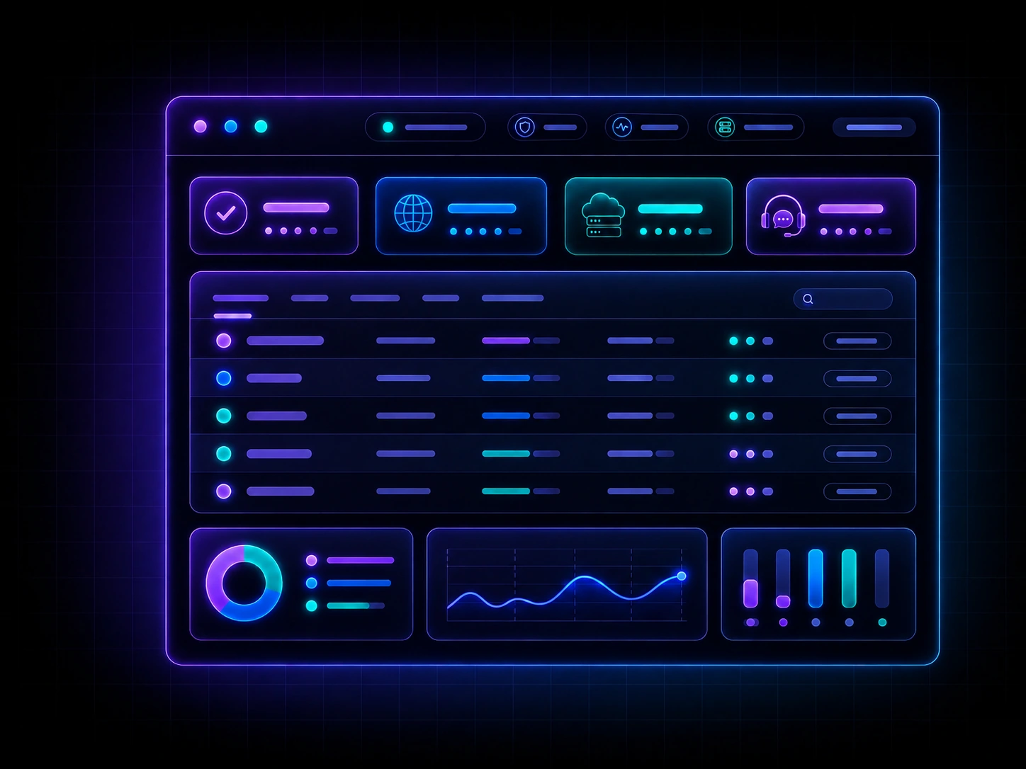 Abstract dashboard graphic representing website design pricing, managed hosting, security, and website care plans.