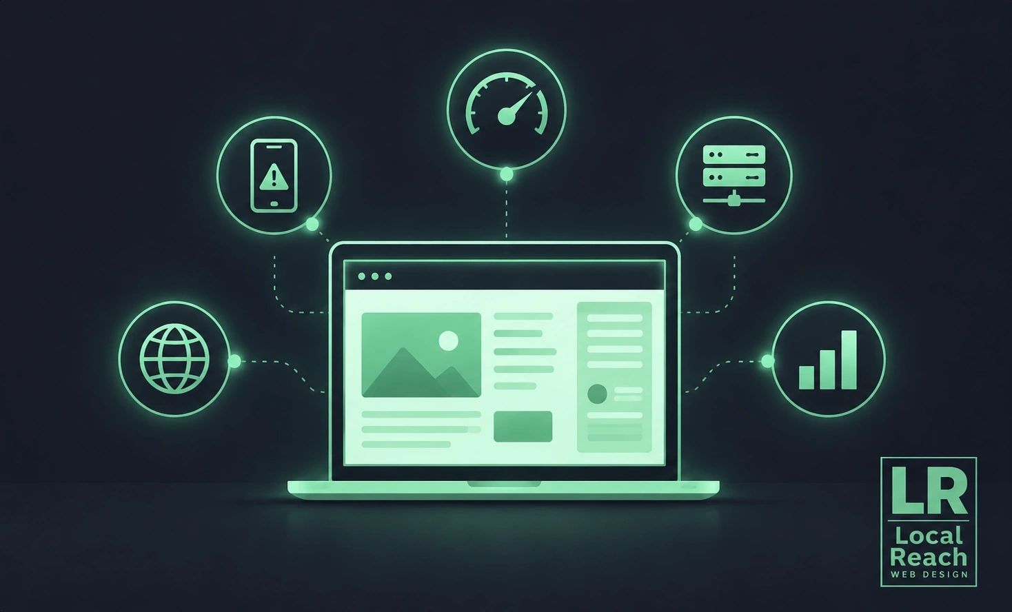 Illustration of website mistakes small businesses make, showing a laptop surrounded by icons for mobile issues, slow speed, hosting, domain control, and analytics.