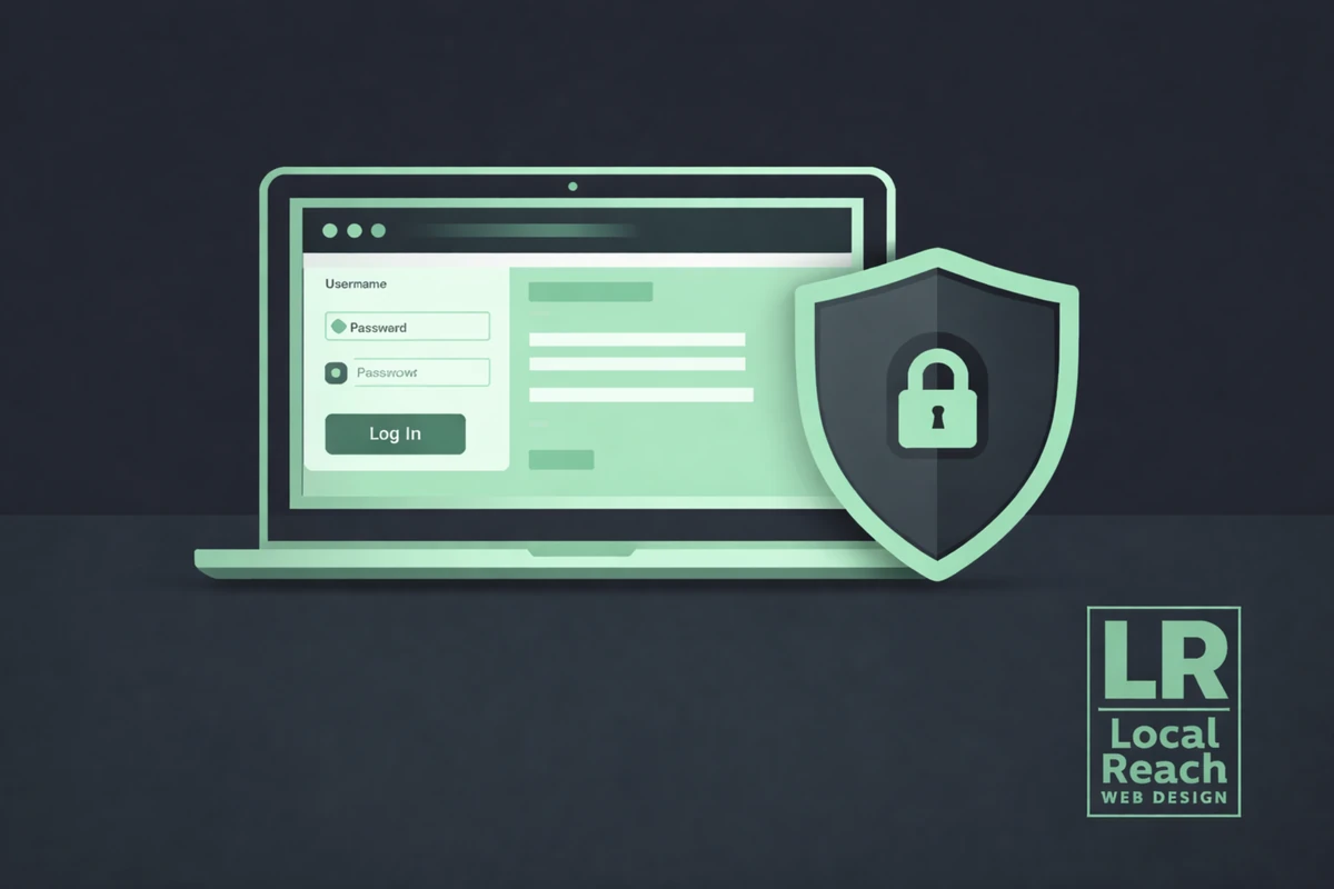 Website security for small businesses graphic with secure login screen and shield